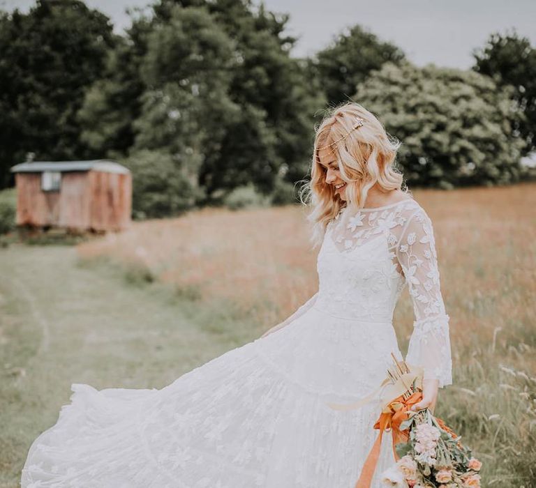 Boho Bride in Lace Wedding Dress with Long Sleeves