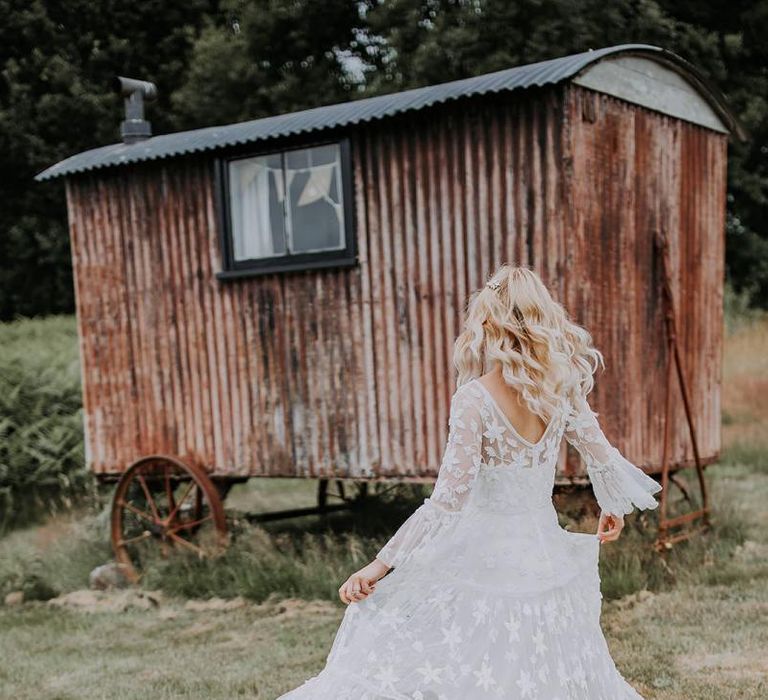 Bride in Boho Wedding Dress with Lace Detail