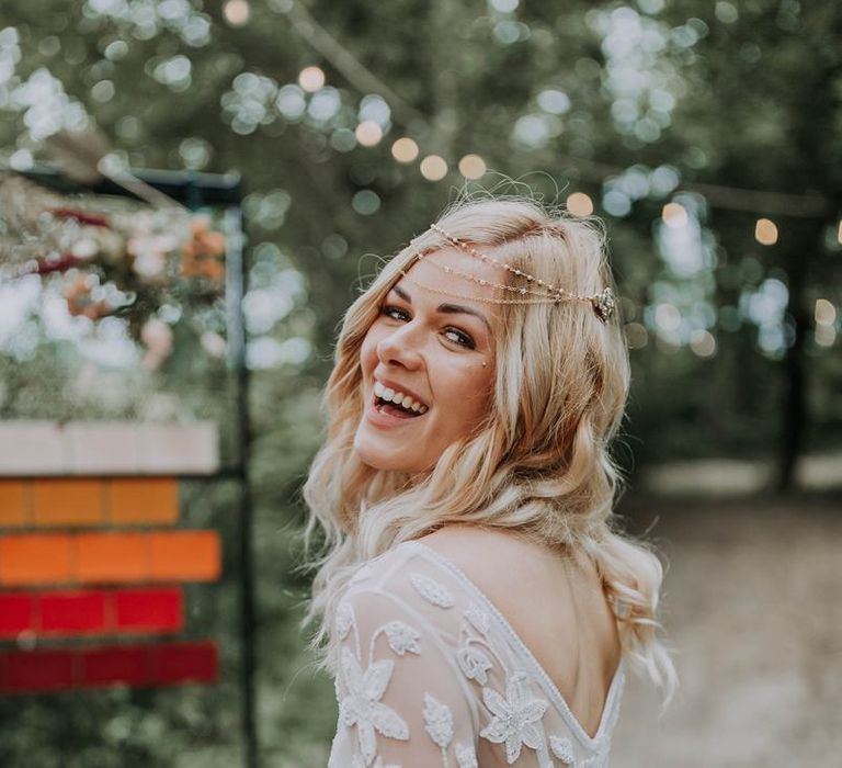 Boho Bride in Lace Wedding Dress with Long Sleeves and Victoria Ferguson Headpiece