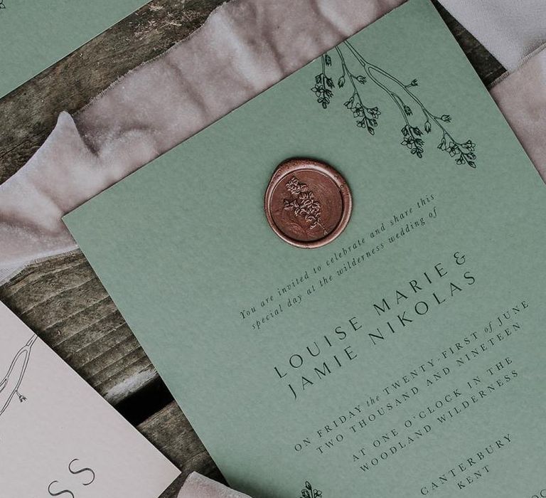 Green Wedding Invitation with Copper Wax Seal