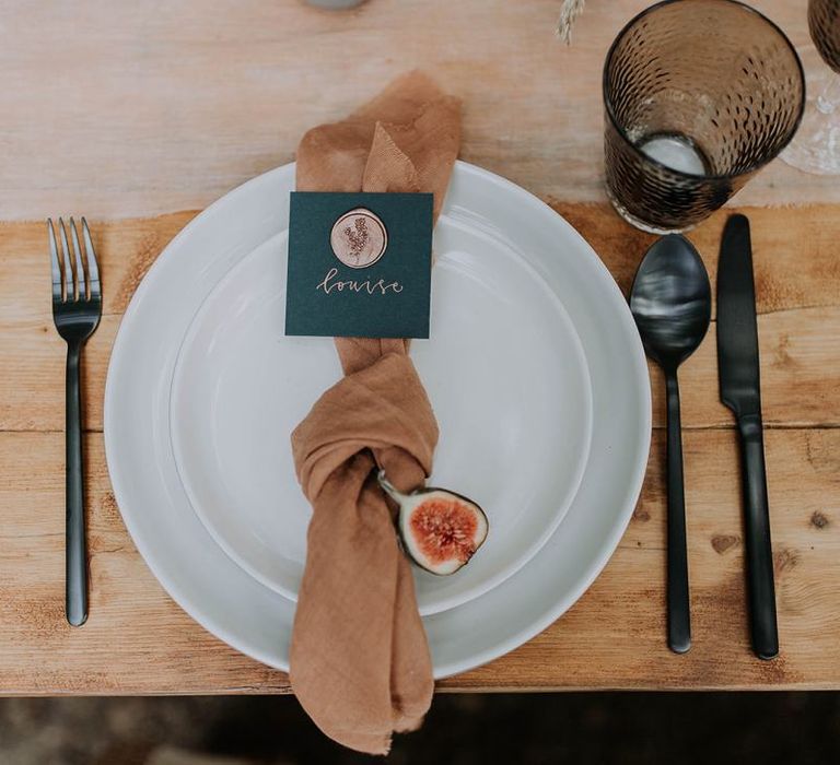 Place Setting with Natural Linen Napkin and Wax Seal Name Place Card