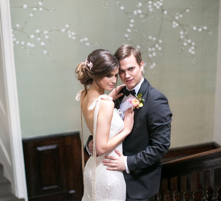 Bride in Fitted Lace Daughters of Simone Wedding Dress with Love Back via Coco &amp; Kate Bridal Boutique | Groom in Black Tie Tuxedo Suit | Spring Equinox at Thorpe Manor Wedding Venue by Revival Rooms | Anneli Marinovich Photography