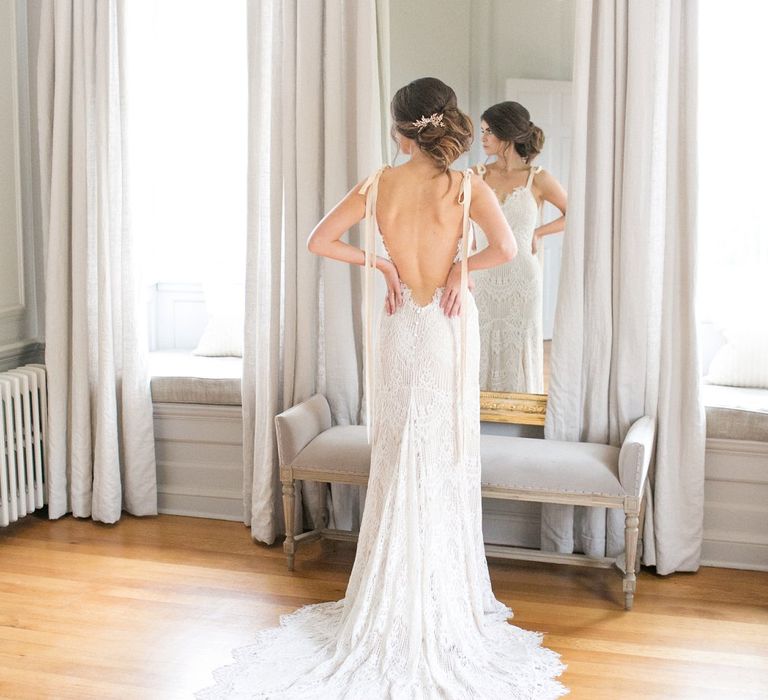 Bride in Backless Fitted Lace Daughters of Simone Wedding Dress via Coco &amp; Kate Bridal Boutique | Spring Equinox at Thorpe Manor Wedding Venue by Revival Rooms | Anneli Marinovich Photography