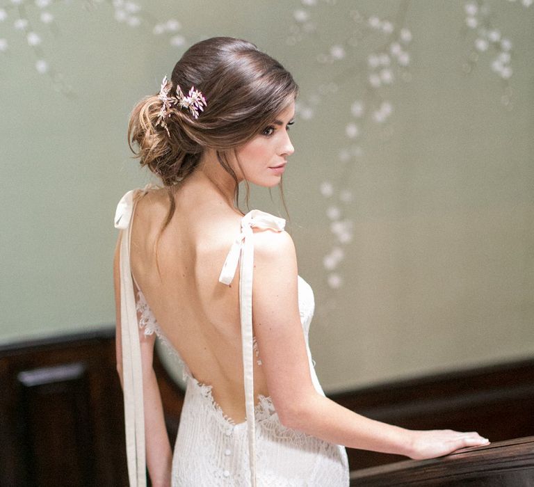 Bride in Backless Fitted Lace Daughters of Simone Wedding Dress via Coco &amp; Kate Bridal Boutique | Spring Equinox at Thorpe Manor Wedding Venue by Revival Rooms | Anneli Marinovich Photography