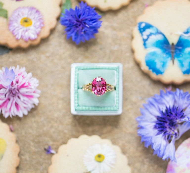 Brightly Covered Cookies &amp; Pink Ring from The Victorian Ring Company | Spring Equinox at Thorpe Manor Wedding Venue by Revival Rooms | Anneli Marinovich Photography