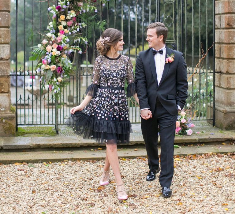 Bride in Black Floral Needle &amp; Thread Dress | Groom in Tuxedo | Spring Equinox at Thorpe Manor Wedding Venue by Revival Rooms | Anneli Marinovich Photography