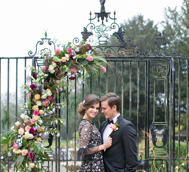 Bride in Black Floral Needle &amp; Thread Dress | Groom in Tuxedo | Spring Equinox at Thorpe Manor Wedding Venue by Revival Rooms | Anneli Marinovich Photography