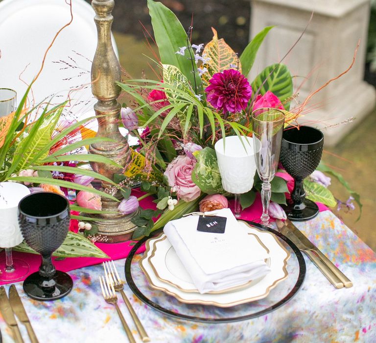 Elegant Place Setting with Floral Arrangement, Coloured Goblet &amp; Wedding Stationery | Spring Equinox at Thorpe Manor Wedding Venue by Revival Rooms | Anneli Marinovich Photography