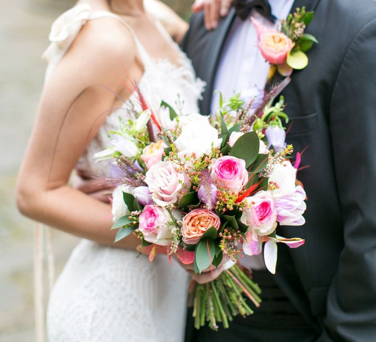 Pink Rose Bridal Bouquet | Bride in Daughters of Simone Gown | Groom in Black Tie | Spring Equinox at Thorpe Manor Wedding Venue by Revival Rooms | Anneli Marinovich Photography