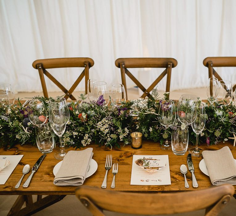 Floral Table Runner // Coastal Inspired Marquee Wedding With Bride In Bespoke Dress And Bridesmaids In Rewritten Wrap Dresses Images By Luis Holden