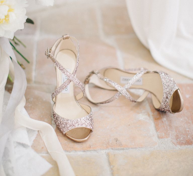 Glitter Cross Strap Jimmy Choo Bridal Shoes | Elegant French Chateau Wedding | Bride In Needle &amp; Thread And Images From M&amp;J Photography