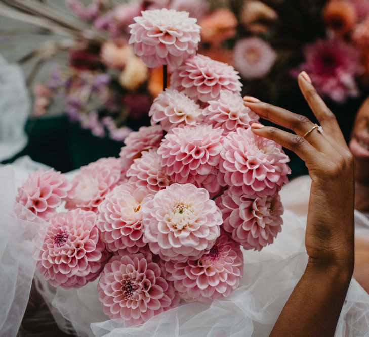 pale pink pompom dahlia wedding bouquet