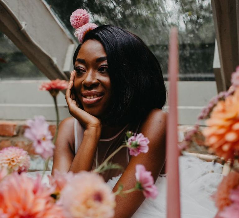 Beautiful bride sitting at an intimate tablescape