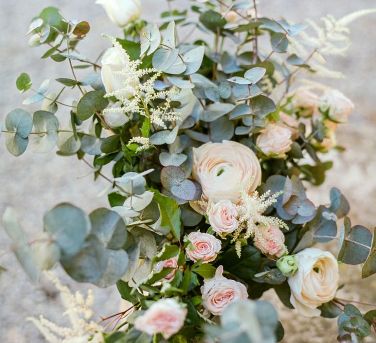 White Ranunculus, Pink Flower and Eucalyptus Wedding Flowers