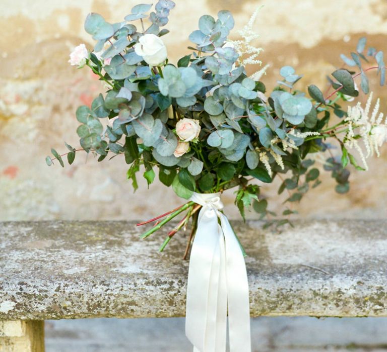 White Ranunculus, Pink Flower and Eucalyptus Wedding Bouquet with Ribbon