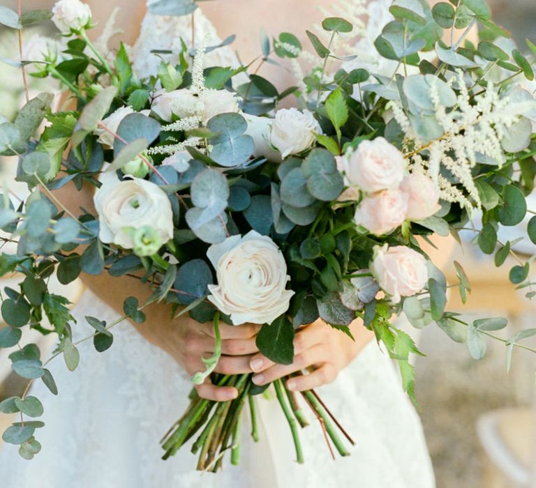 Romantic Wedding Bouquet with Eucalyptus, Ranunculus and Astilbe