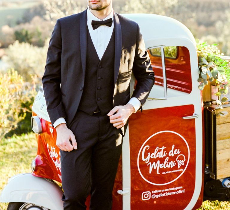 Groom in Tuxedo Standing Next to a Gelato Ice-cream Truck