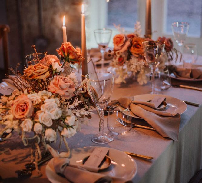 Candle lit wedding table at Iscoyd Park Coachhouse styled By Chenai