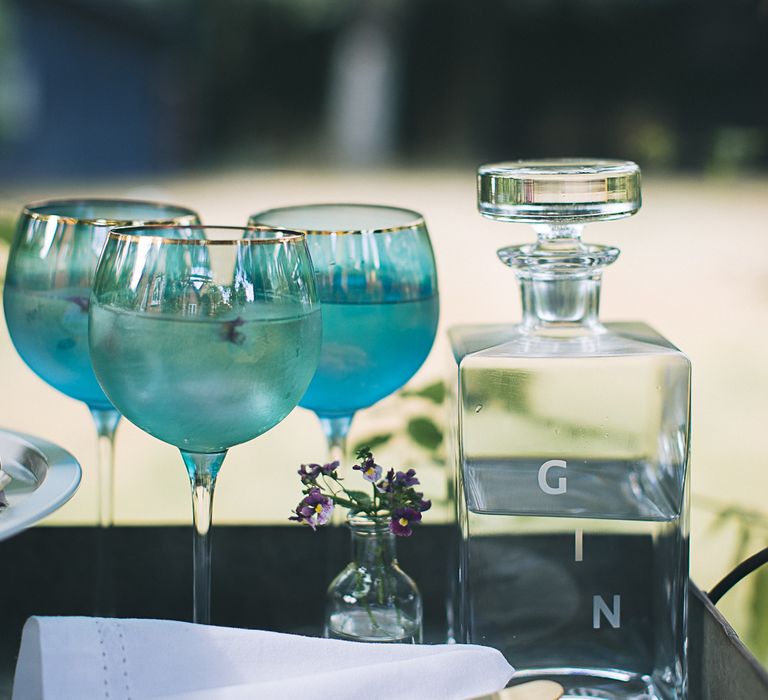 Gin &amp; Tonic In Coloured Balloon Glass By LSA With Pretty Edible Flower Cake By Cottonwood Bakery