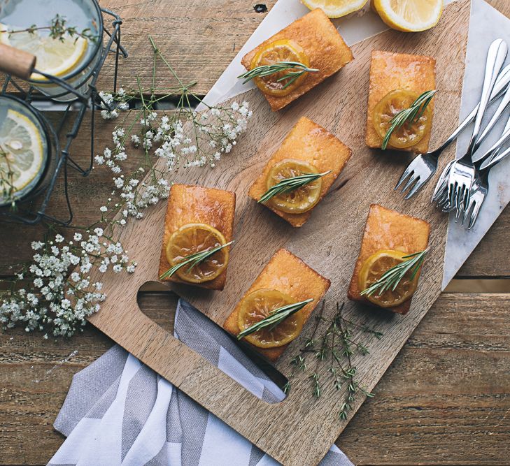 Mini Lemon Drizzle Loaves With Preserved Lemon &amp; Herb Garnish Served With Spiked Cloudy Lemonade