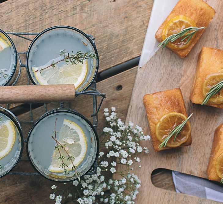 Mini Lemon Drizzle Loaves With Preserved Lemon &amp; Herb Garnish Served With Spiked Cloudy Lemonade