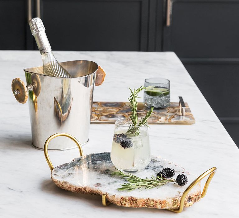 Agate Slab Tray &amp; Champagne Ice bucket