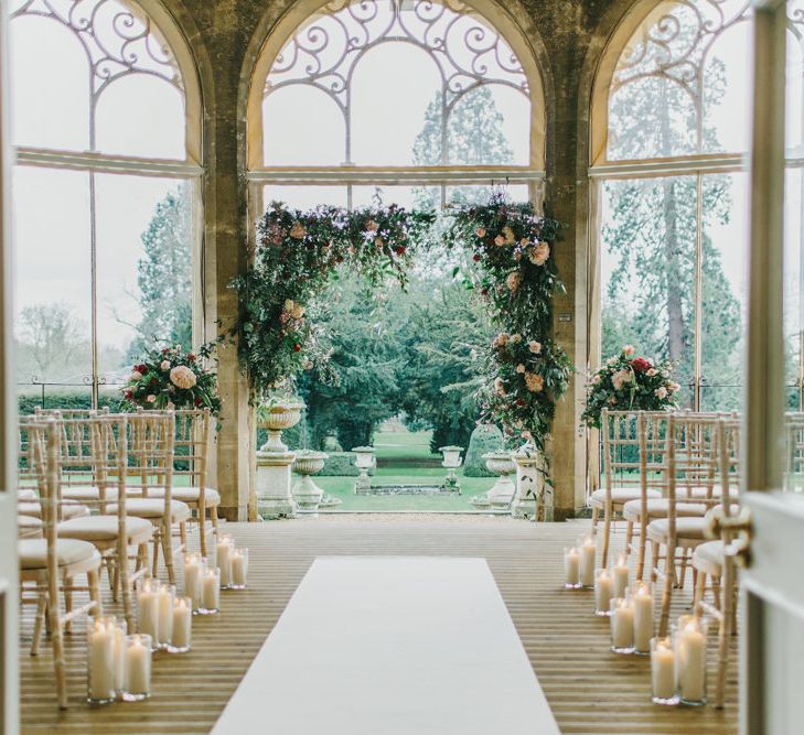 Ceremony Room | Floral Arch Altar | Blush &amp; Burgundy Floral Fairytale Wedding Inspiration at Grittleton House Planned &amp; Styled by Jennifer Louise Weddings | Katherine Yiannaki Photography