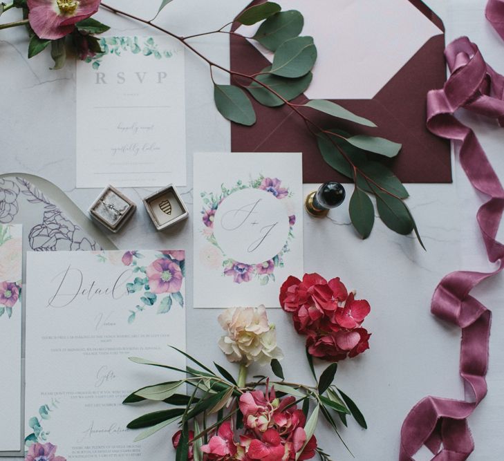 Wedding Stationery Suite By Rebecca Richards Designs | Blush &amp; Burgundy Floral Fairytale Wedding Inspiration at Grittleton House Planned &amp; Styled by Jennifer Louise Weddings | Katherine Yiannaki Photography