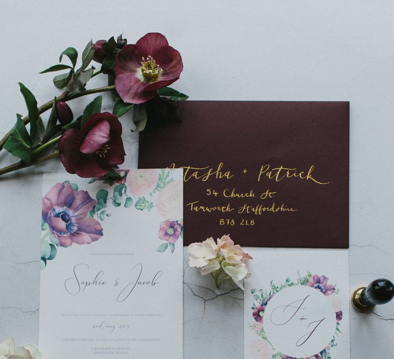 Wedding Stationery Suite by Rebecca Richards Designs | Blush &amp; Burgundy Floral Fairytale Wedding Inspiration at Grittleton House Planned &amp; Styled by Jennifer Louise Weddings | Katherine Yiannaki Photography