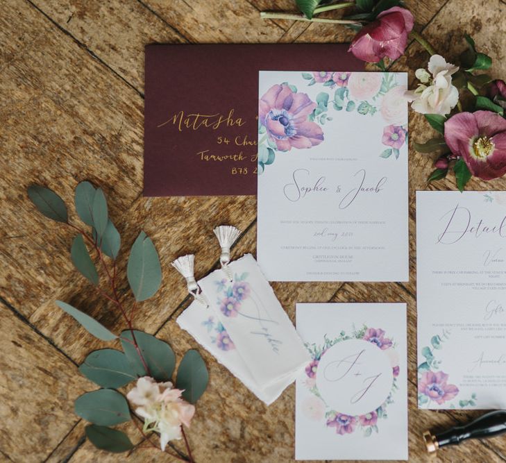 Wedding Stationery Suite by Rebecca Richards Designs | Blush &amp; Burgundy Floral Fairytale Wedding Inspiration at Grittleton House Planned &amp; Styled by Jennifer Louise Weddings | Katherine Yiannaki Photography