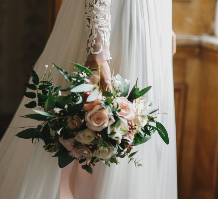 Bride in Lace Long Sleeve Suzanne Neville Wedding Dress | Pink Rose Bridal Bouquet | Blush &amp; Burgundy Floral Fairytale Wedding Inspiration at Grittleton House Planned &amp; Styled by Jennifer Louise Weddings | Katherine Yiannaki Photography