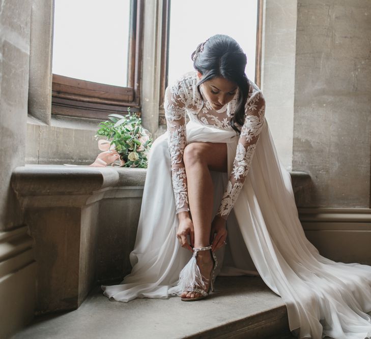 Jimmy Choo Glitter &amp; Feather Bridal Shoes | Suzanne Neville Wedding Dress | Blush &amp; Burgundy Floral Fairytale Wedding Inspiration at Grittleton House Planned &amp; Styled by Jennifer Louise Weddings | Katherine Yiannaki Photography