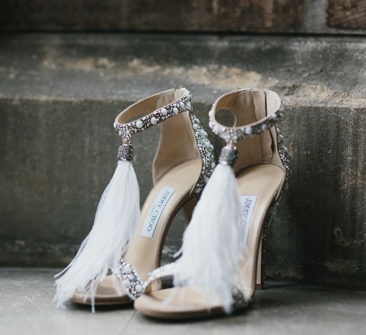 Jimmy Choo Silver Sequin &amp; Feather Wedding Shoes | Blush &amp; Burgundy Floral Fairytale Wedding Inspiration at Grittleton House Planned &amp; Styled by Jennifer Louise Weddings | Katherine Yiannaki Photography