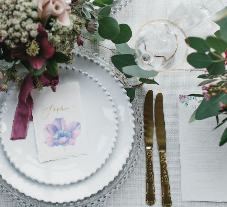 Place Setting with Tableware by Duchess &amp; Butler | Blush &amp; Burgundy Floral Fairytale Wedding Inspiration at Grittleton House Planned &amp; Styled by Jennifer Louise Weddings | Katherine Yiannaki Photography