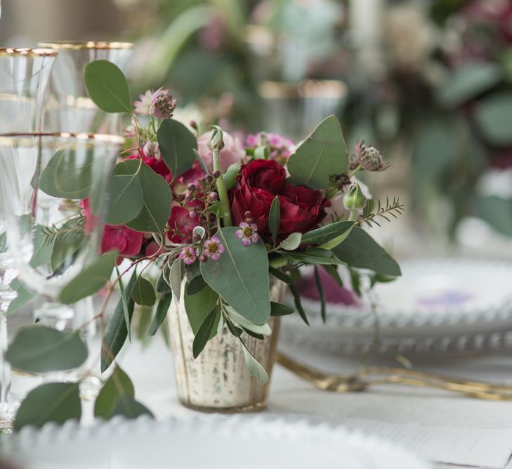 Reception Table Decor with Taper Candles &amp; Low Floral Arrangements | Blush &amp; Burgundy Floral Fairytale Wedding Inspiration at Grittleton House Planned &amp; Styled by Jennifer Louise Weddings | Katherine Yiannaki Photography