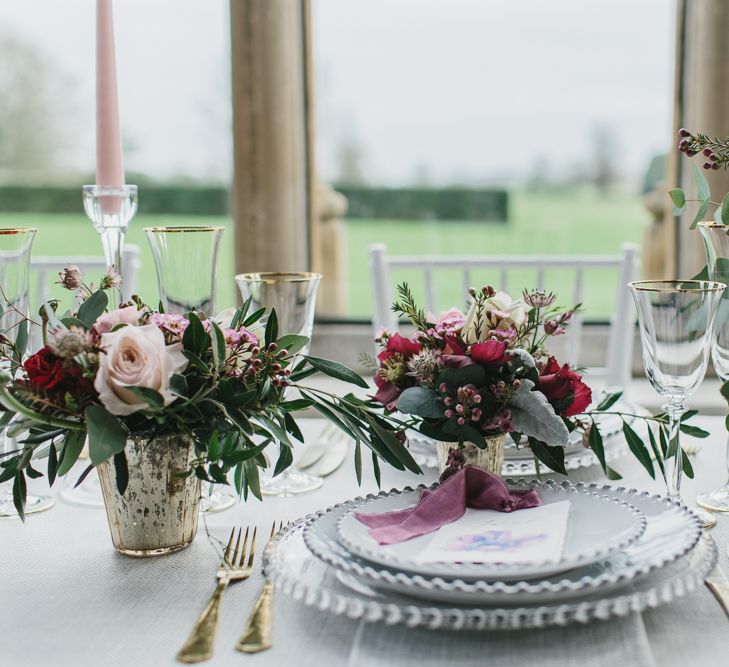 Reception Table Place Setting with Tableware by Duchess &amp; Butler | Blush &amp; Burgundy Floral Fairytale Wedding Inspiration at Grittleton House Planned &amp; Styled by Jennifer Louise Weddings | Katherine Yiannaki Photography