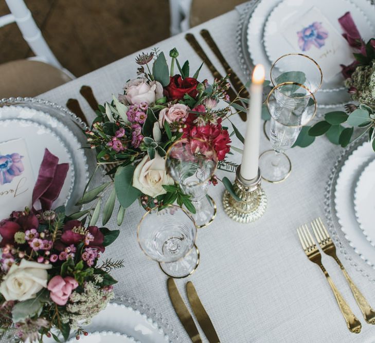 Reception Table Place Settings with Tableware by Duchess &amp; Butler | Blush &amp; Burgundy Floral Fairytale Wedding Inspiration at Grittleton House Planned &amp; Styled by Jennifer Louise Weddings | Katherine Yiannaki Photography