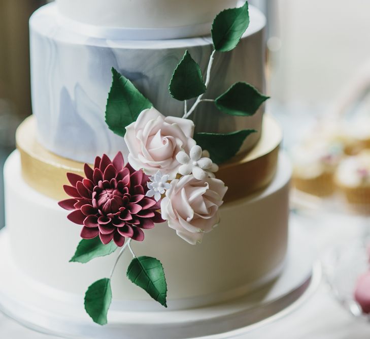 Marble Tier Wedding Cake by Lindsay Pemberton | Blush &amp; Burgundy Floral Fairytale Wedding Inspiration at Grittleton House Planned &amp; Styled by Jennifer Louise Weddings | Katherine Yiannaki Photography