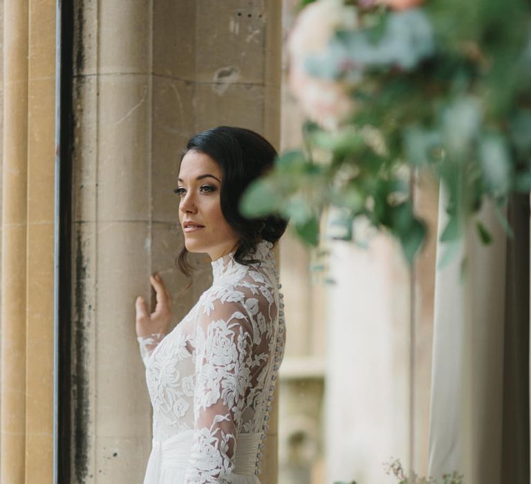 Bride in Lace Long Sleeved Suzanne Neville Wedding Dress | Blush &amp; Burgundy Floral Fairytale Wedding Inspiration at Grittleton House Planned &amp; Styled by Jennifer Louise Weddings | Katherine Yiannaki Photography