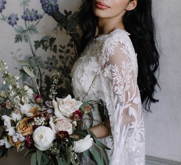 Bride with Natural Makeup in Bespoke Julita London Wedding Dress with Bell Sleeves