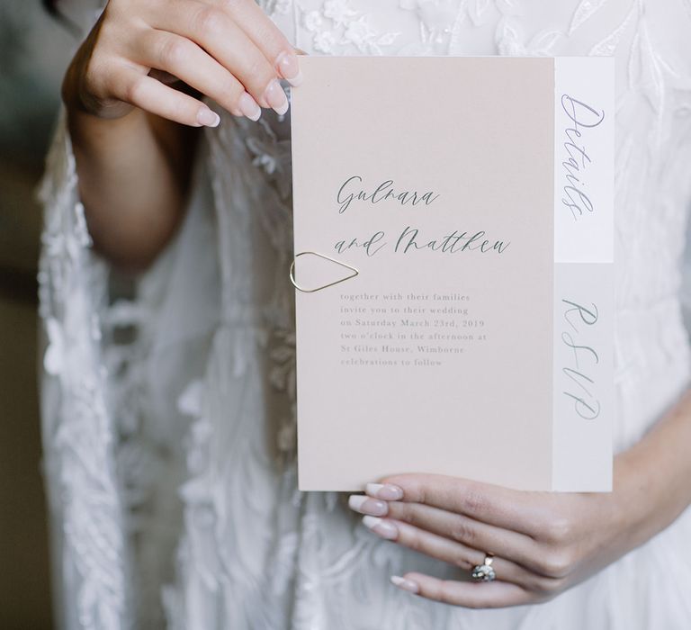 Blush Pink and White Wedding Stationery with Grey  Calligraphy Font