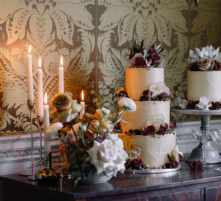 Wedding Cake Table on Vintage Dresser with Taper Candles and Three Tier Wedding Cake