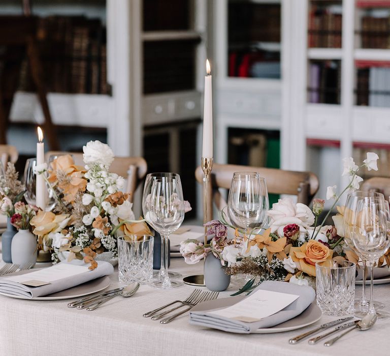 White, Grey and Muted Orange Wedding Table Decor