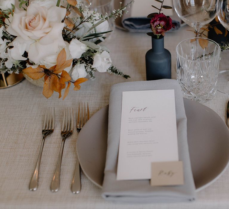 Elegant Place Setting with Grey Linen Napkin, Minimalist Menu Card and Name Place Card