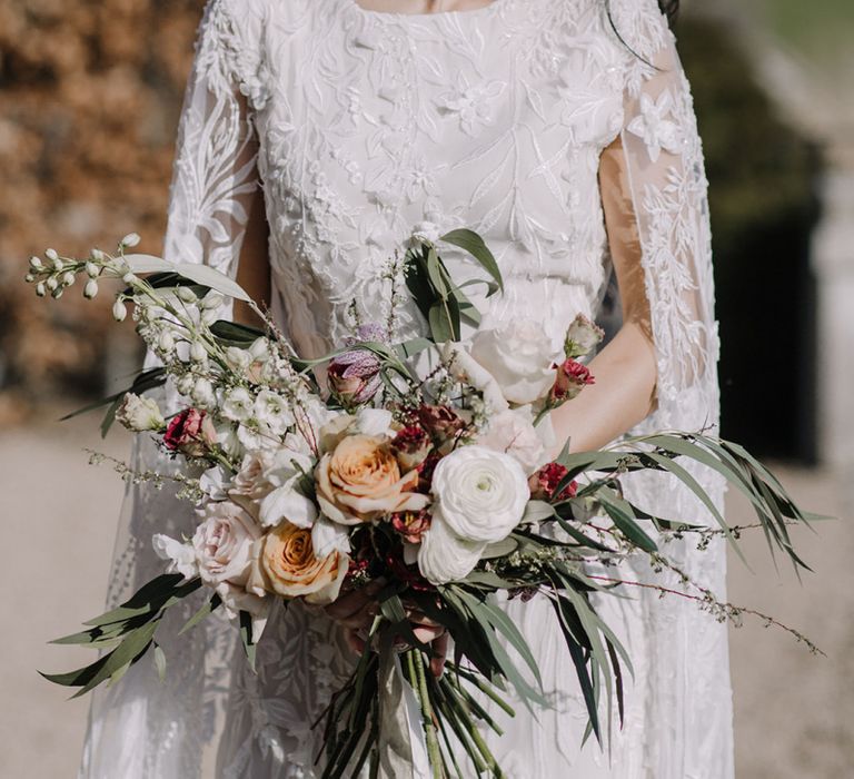 Bridal Bouquet with Foliage, White Roses and  Peach Flowers