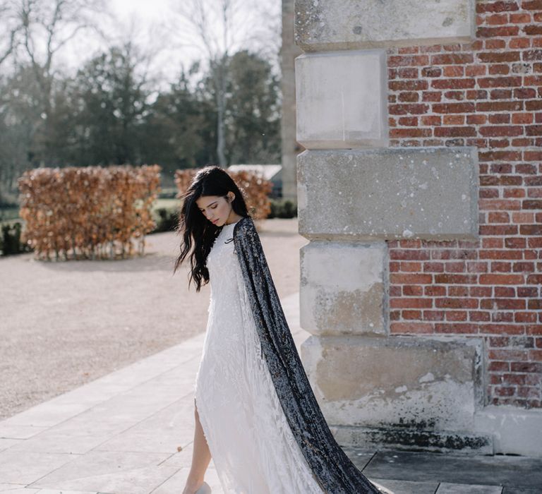 Bride in Long Black Sequin Bridal Cape