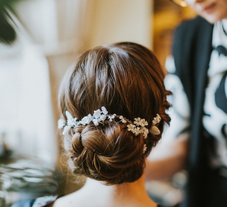 Fabric flowers, leaves and crystals in hair