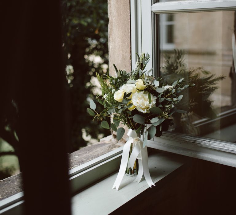 White Rose &amp; Foliage Bouquet | Green &amp; White Bohemian Wedding in the Rain at Castello di San Sebastiano da Po, Italy | Margherita Calati Photography | Second Shooter Carlo Vittorio