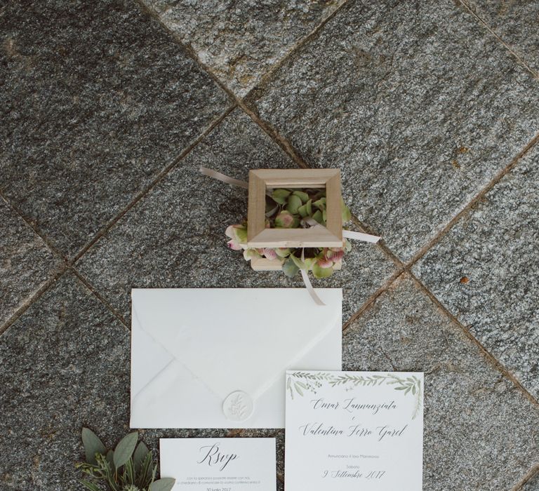 Elegant Alispi Wedding Stationery Suite with white Wax Seal | Green &amp; White Bohemian Wedding in the Rain at Castello di San Sebastiano da Po, Italy | Margherita Calati Photography | Second Shooter Carlo Vittorio Green &amp; White Bohemian Wedding in the Rain at Castello di San Sebastiano da Po, Italy | Margherita Calati Photography | Second Shooter Carlo Vittorio