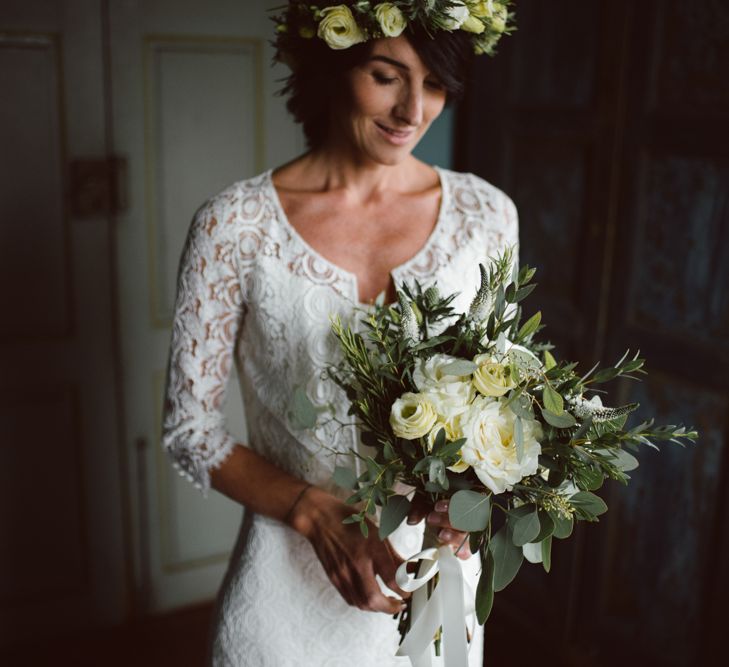 Bride in Lace Laure de Sagazan Bridal Gown | Green &amp; White Bohemian Wedding in the Rain at Castello di San Sebastiano da Po, Italy | Margherita Calati Photography | Second Shooter Carlo Vittorio